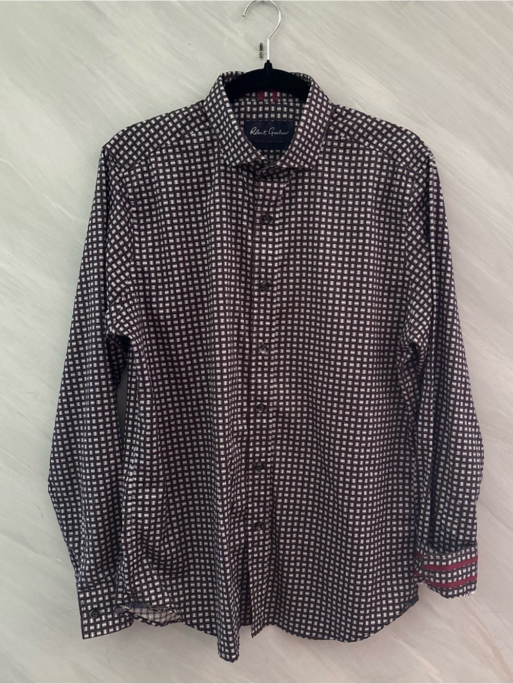 Robert Graham M Gray, White, Burgundy Check Long Sleeve Button Up Tailored Shirt